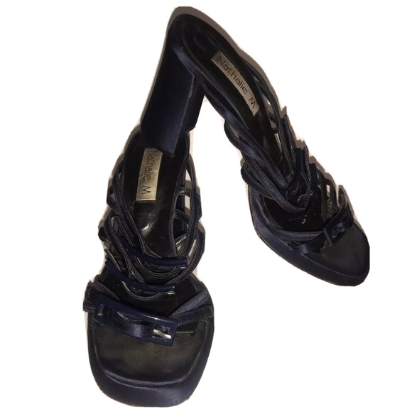 Nathalie M Navy Blue Strappy Slide High Heels 8.5M - Picture 1 of 7